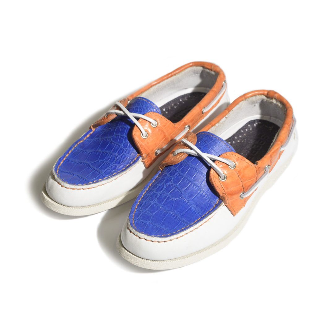 Sperry’s in White embellished with Authentic Alligator Skin in Gainesville Blue and Orange