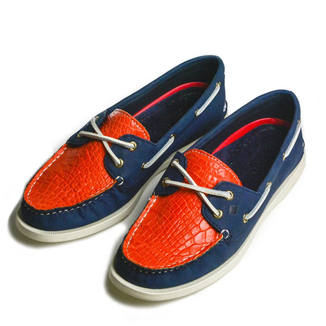 Alligator Sperry’s in Navy / White Bottom embellished with Authentic Alligator Skin in Orange